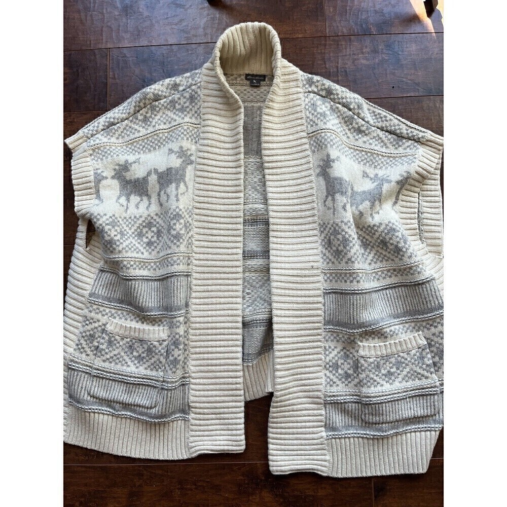 Eddie Bauer Knit Poncho Sweater Fair ISle Reindeer Print Gray Off White XS/S